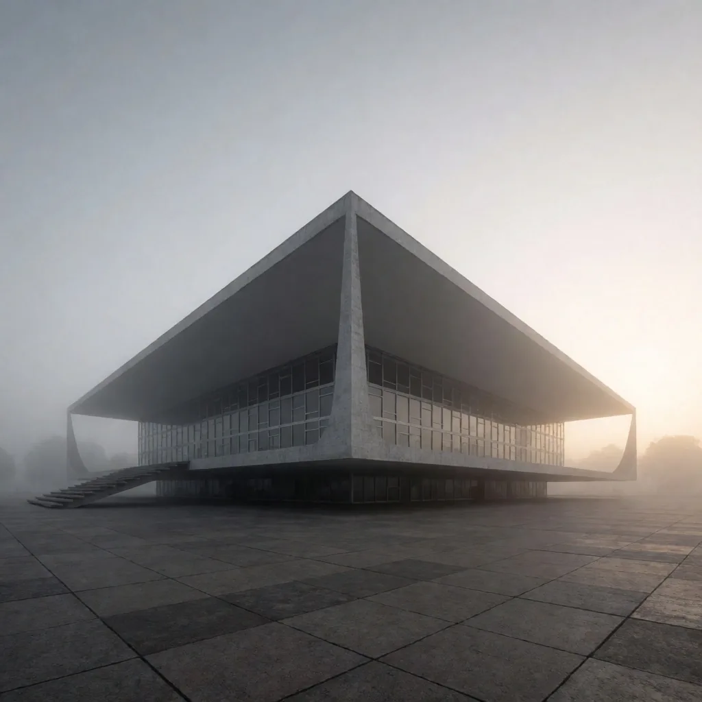 Edificio embajada con niebla al atardecer