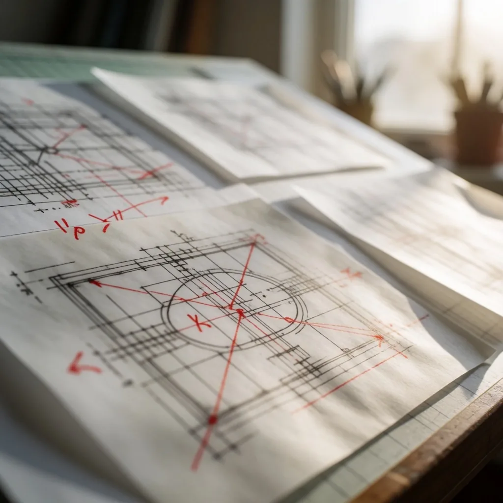 Plano técnico con anotaciones rojas en pared de concreto