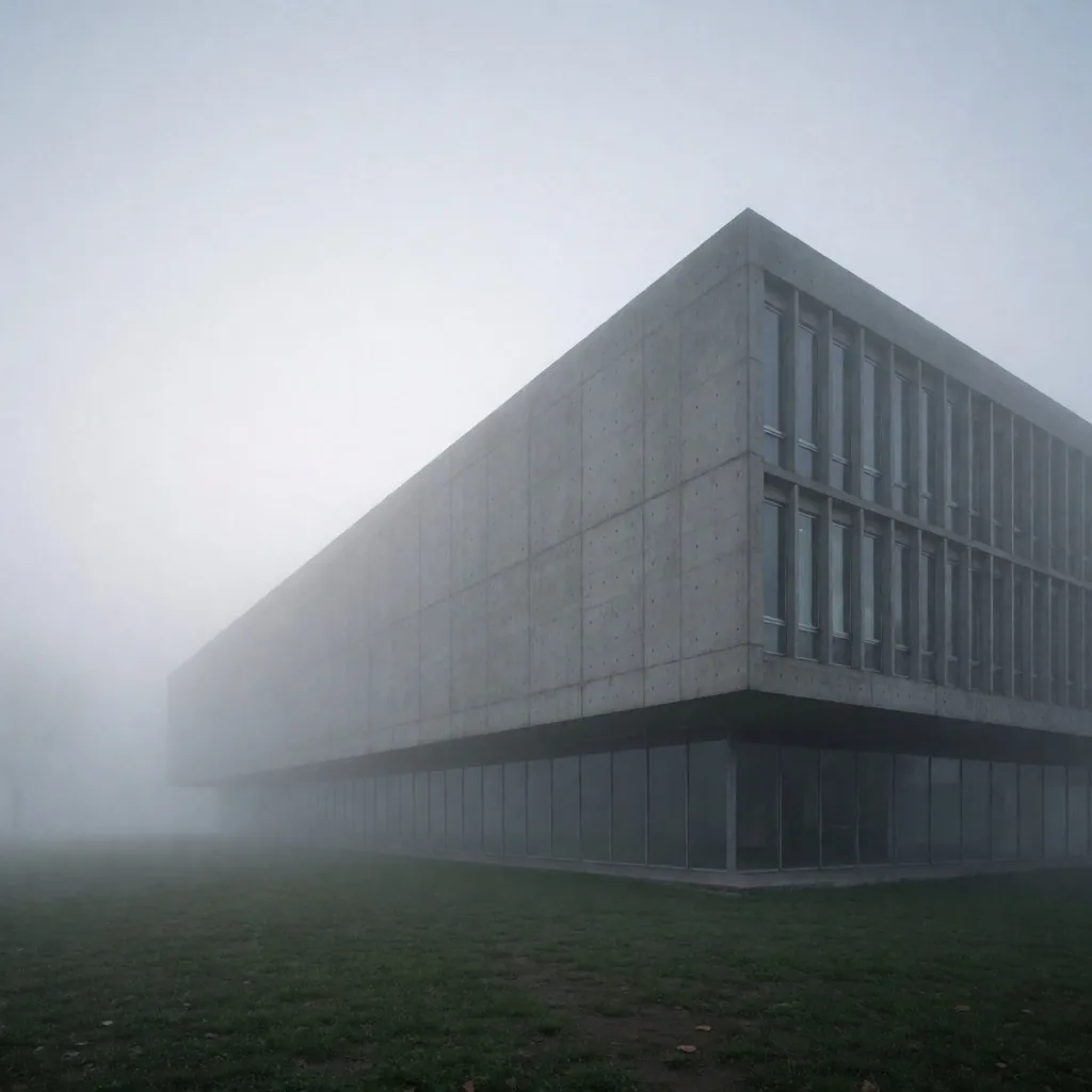 Edificio moderno de concreto bajo niebla en Buenos Aires