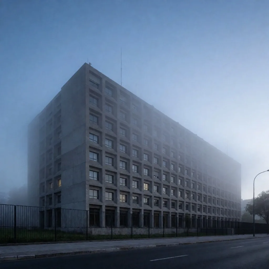 Edificio institucional de hormigón bajo niebla al atardecer en Buenos Aires
