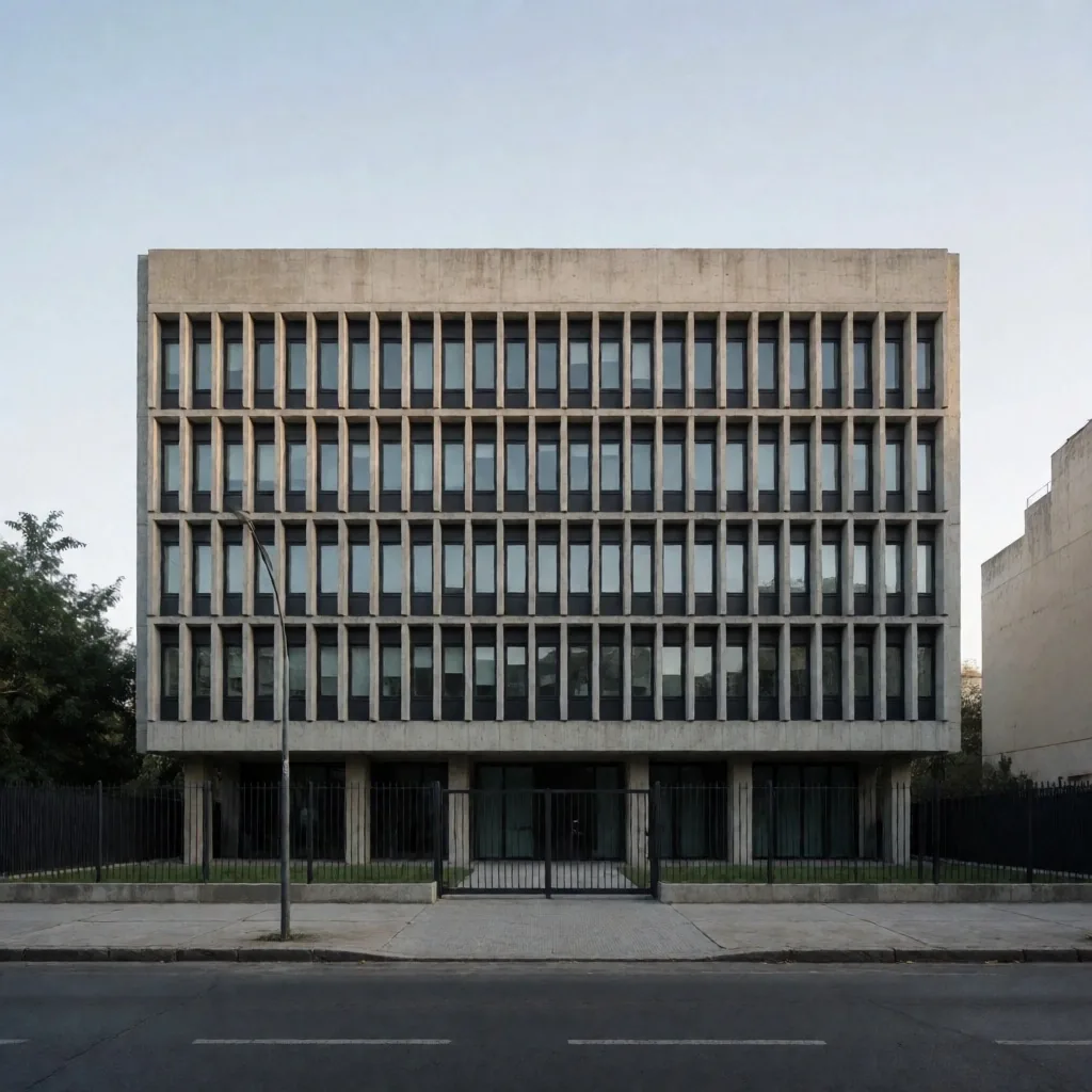 Edificio de arquitectura brutalista, sede de trámites consulares