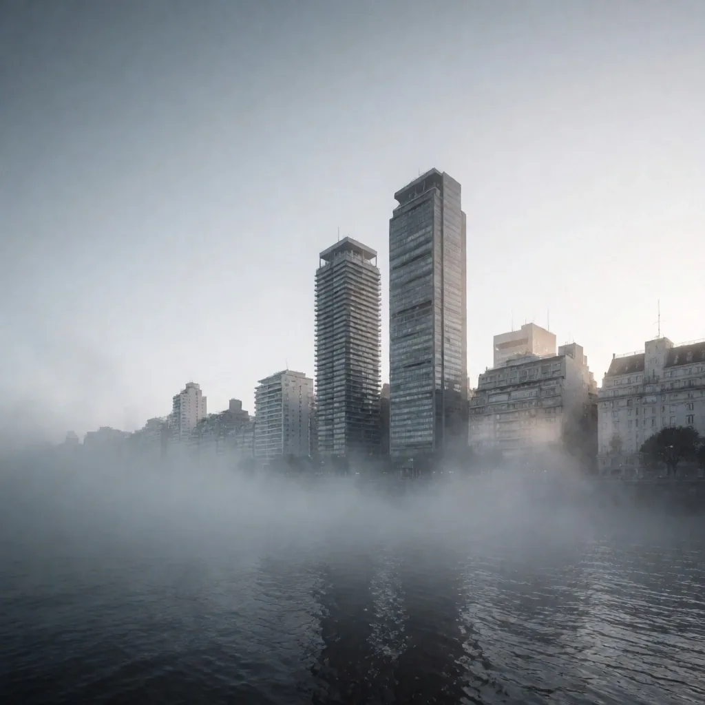 Horizonte de Buenos Aires al amanecer entre la niebla