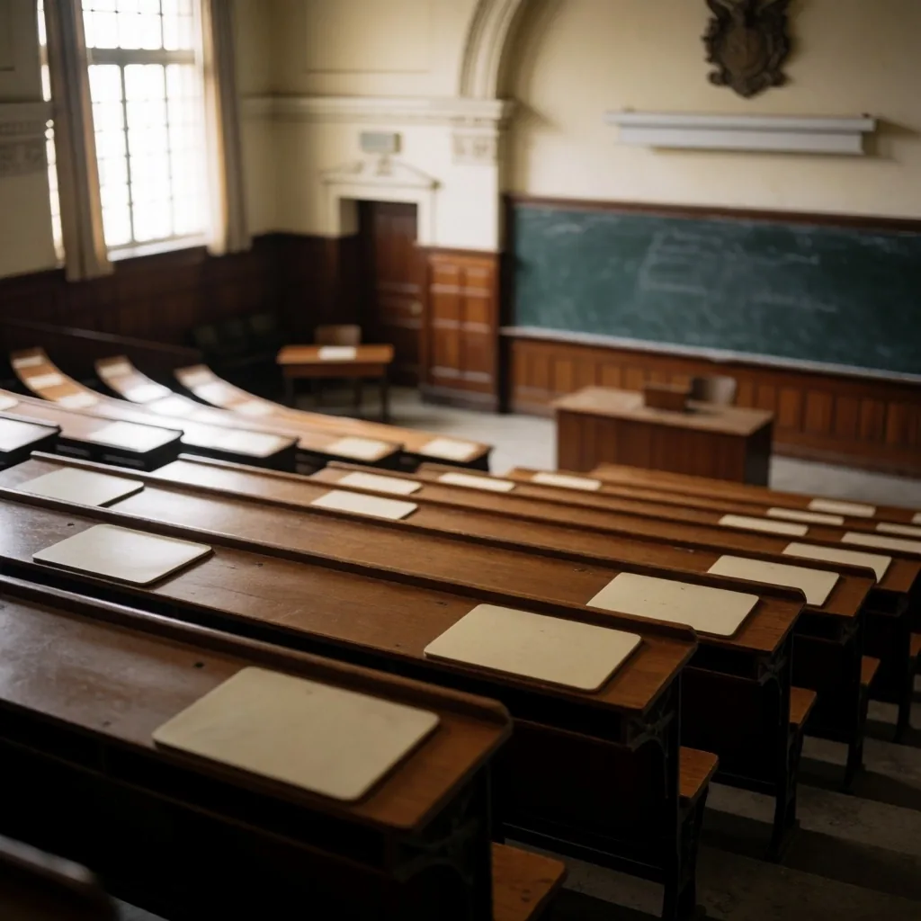 Aula universitaria con escritorios vacíos