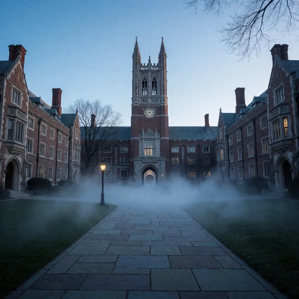 Campus universitario en Estados Unidos al amanecer con niebla