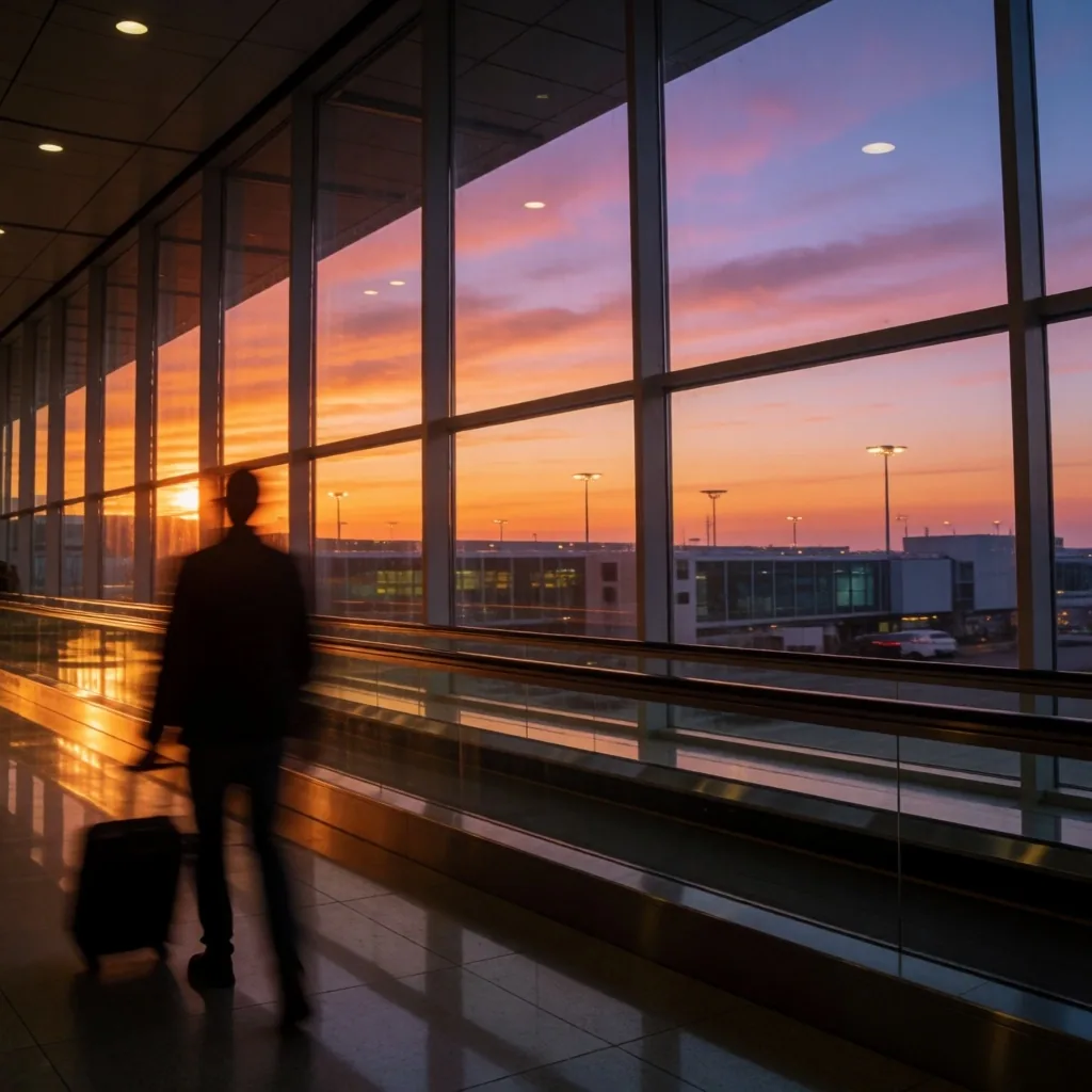 Terminal internacional de aeropuerto al atardecer